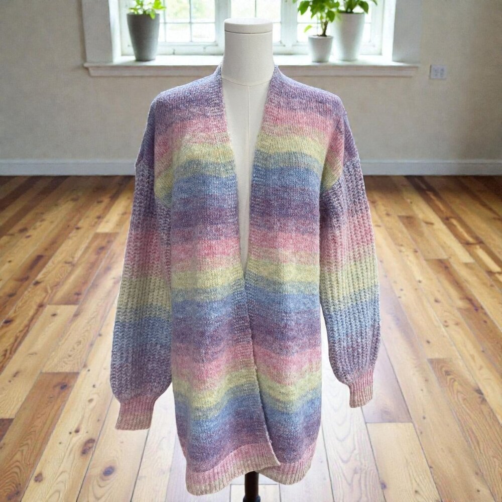 Laurie Felt Pastel‎ Rainbow Cardigan S Soft Knit Open Front Cozy Boho Coquette